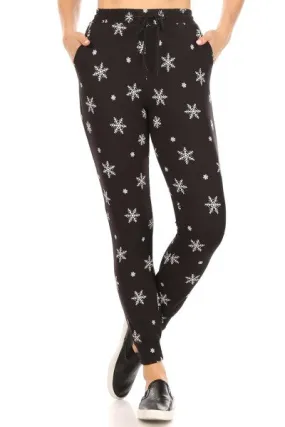 Black Snowflake Print Fleece Lined Soft Lounge Jogger Pants