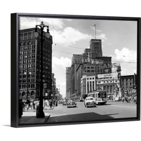 "1940's Cadillac Square Detroit Michigan USA" Black Float Frame Canvas Art